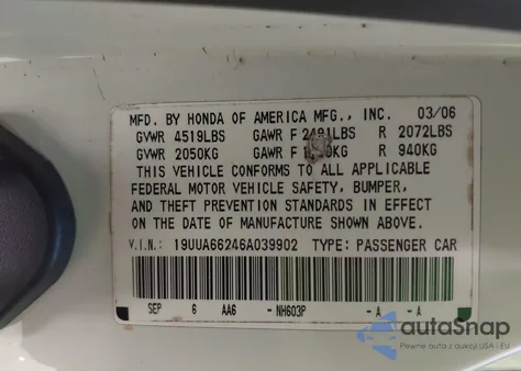 2006 Acura Tl from USA, damaged, VIN 19UUA66246A039902